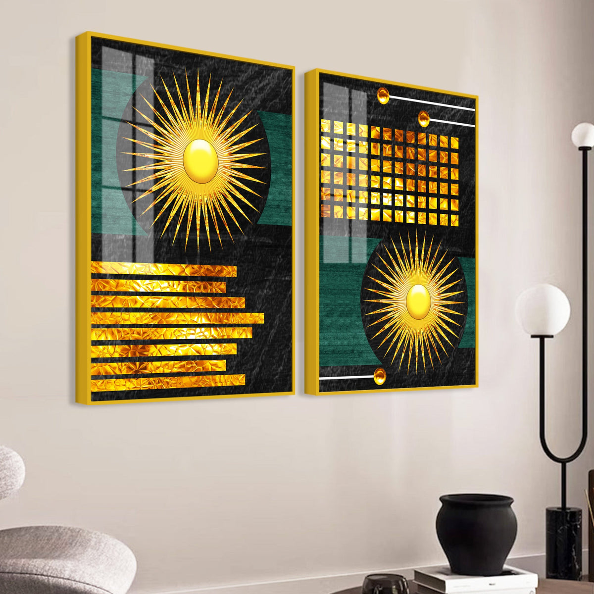 Luxury Decorative Golden Circles and Lines Dark Shape Acrylic Floating Wall Painting Set of 2