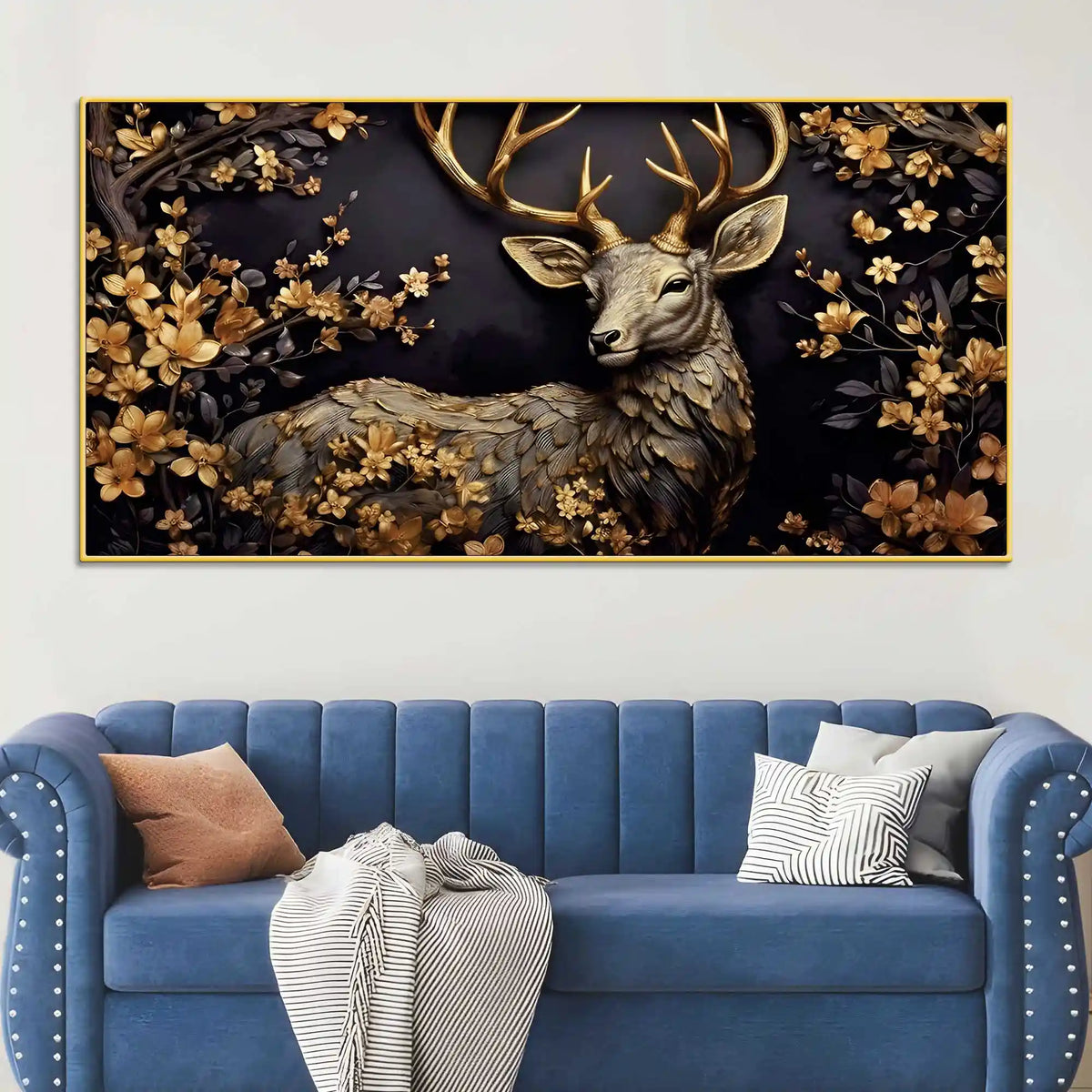 Luxury Deer Canvas Wall Art Floral Painting for Modern Home Decor