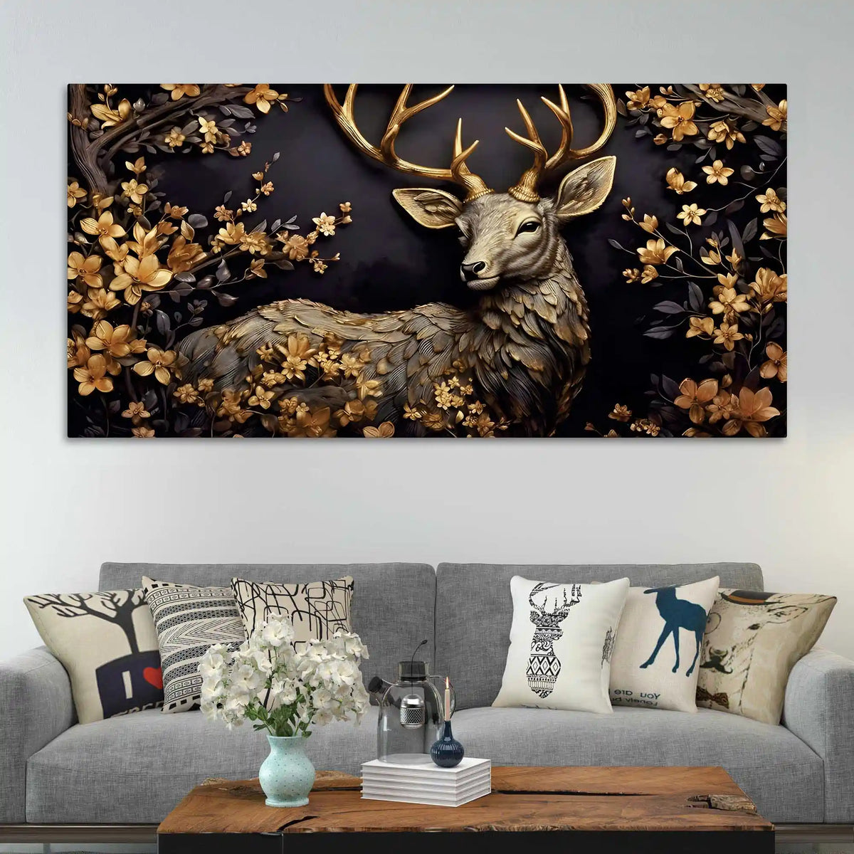 Luxury Deer Canvas Wall Art Floral Painting for Modern Home Decor