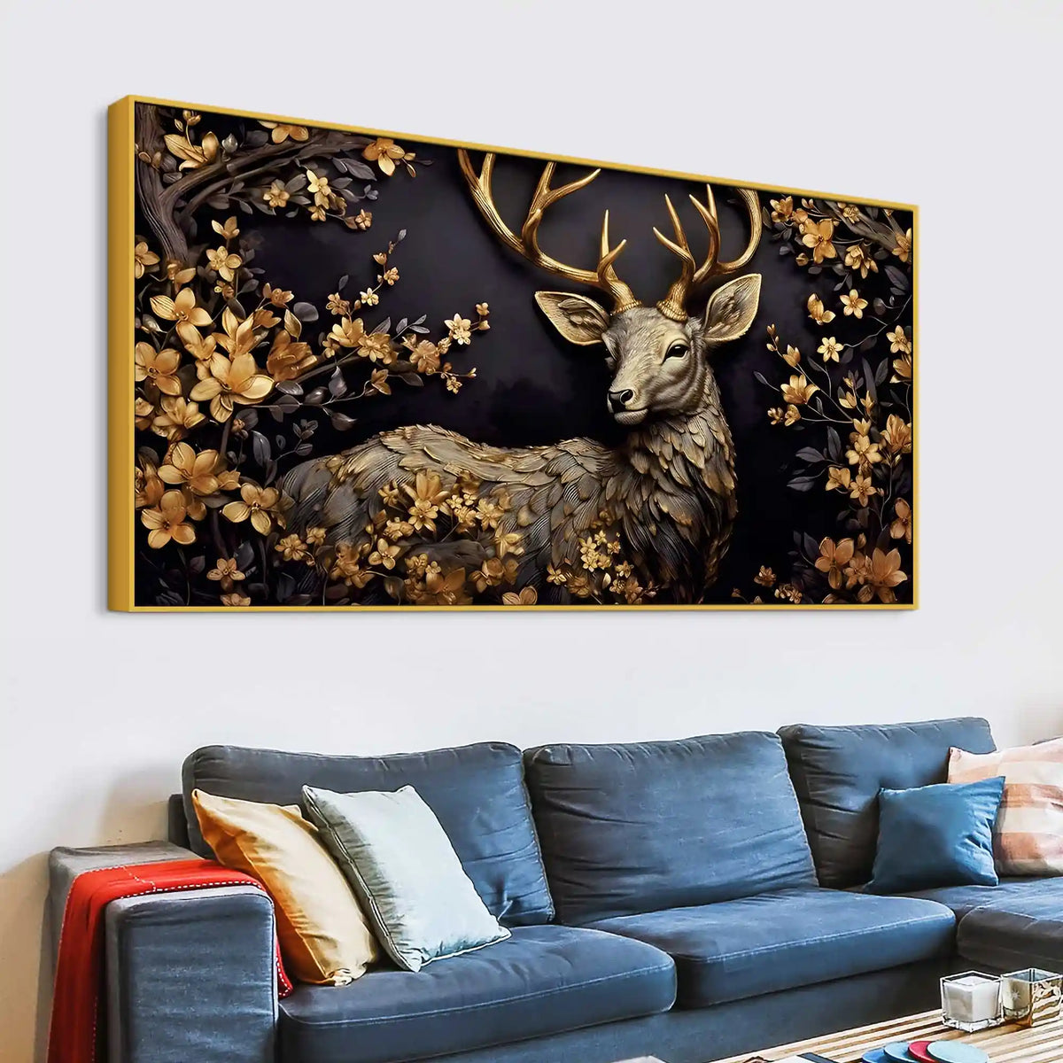 Luxury Deer Canvas Wall Art Floral Painting for Modern Home Decor