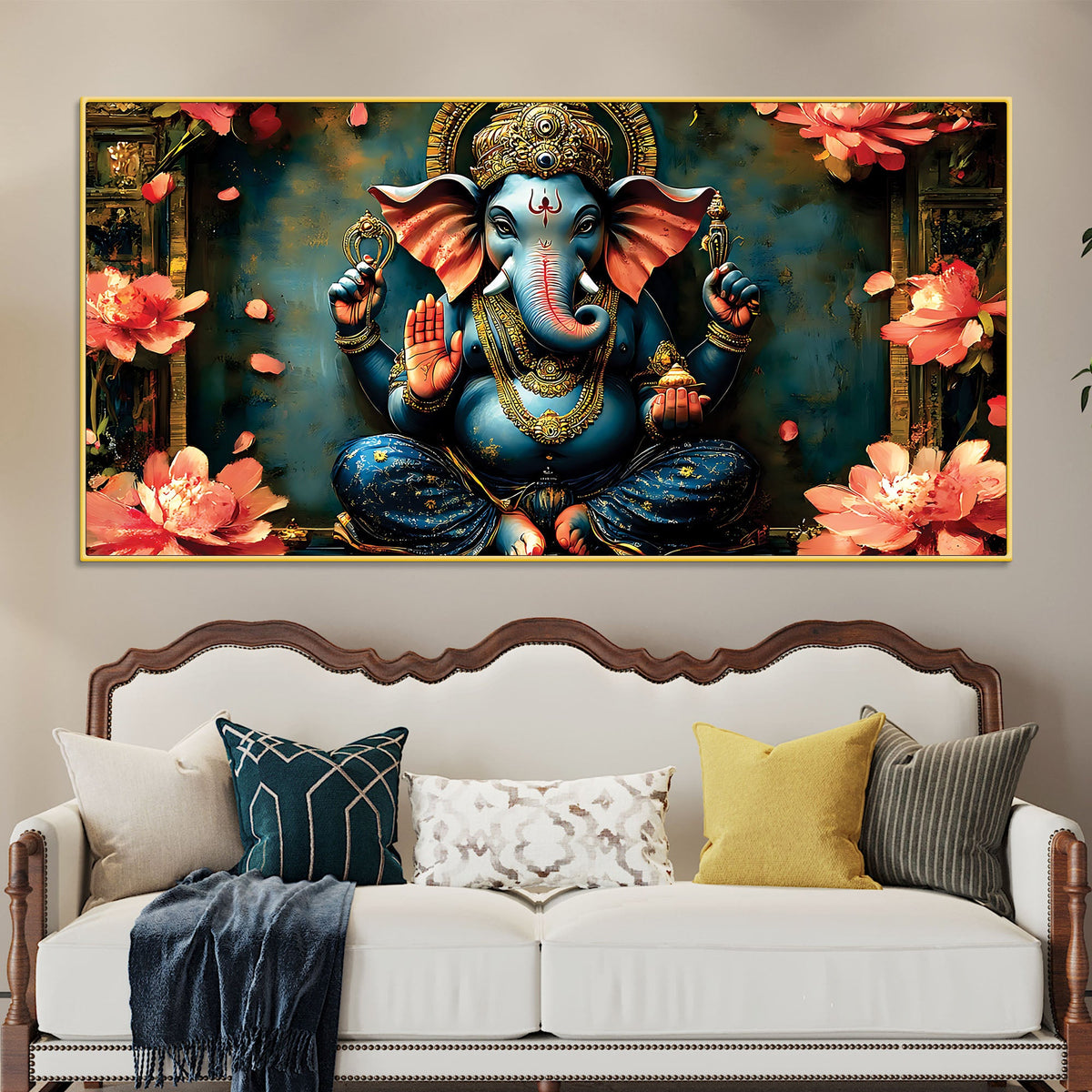 Luxury Divine Lord Ganpati Canvas Wall Painting for Elegant Interiors – Modern Devotional Wall Decor