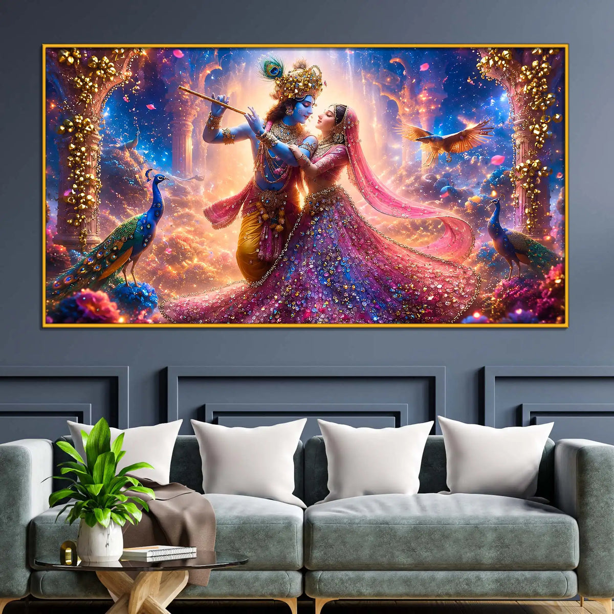 Luxury Divine Radha Krishna Floating Frame Crystal Wall Painting