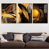 Luxury Feather Gold Abstract Wall Art Acrylic Floating Wall Painting Set of 3