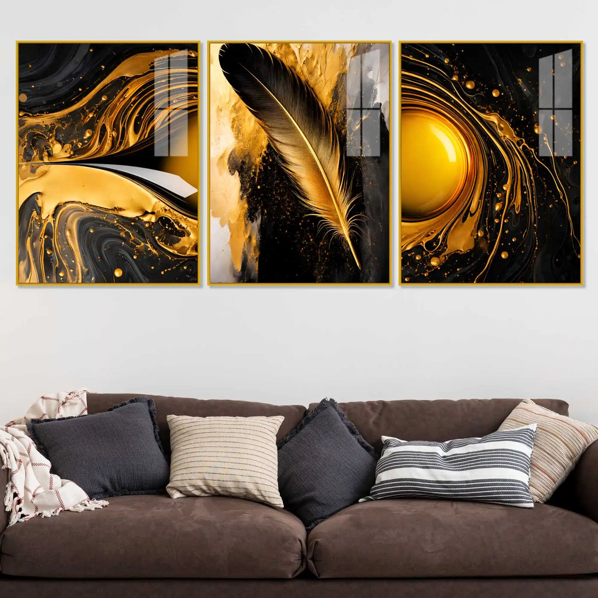 Luxury Feather Gold Abstract Wall Art Acrylic Floating Wall Painting Set of 3