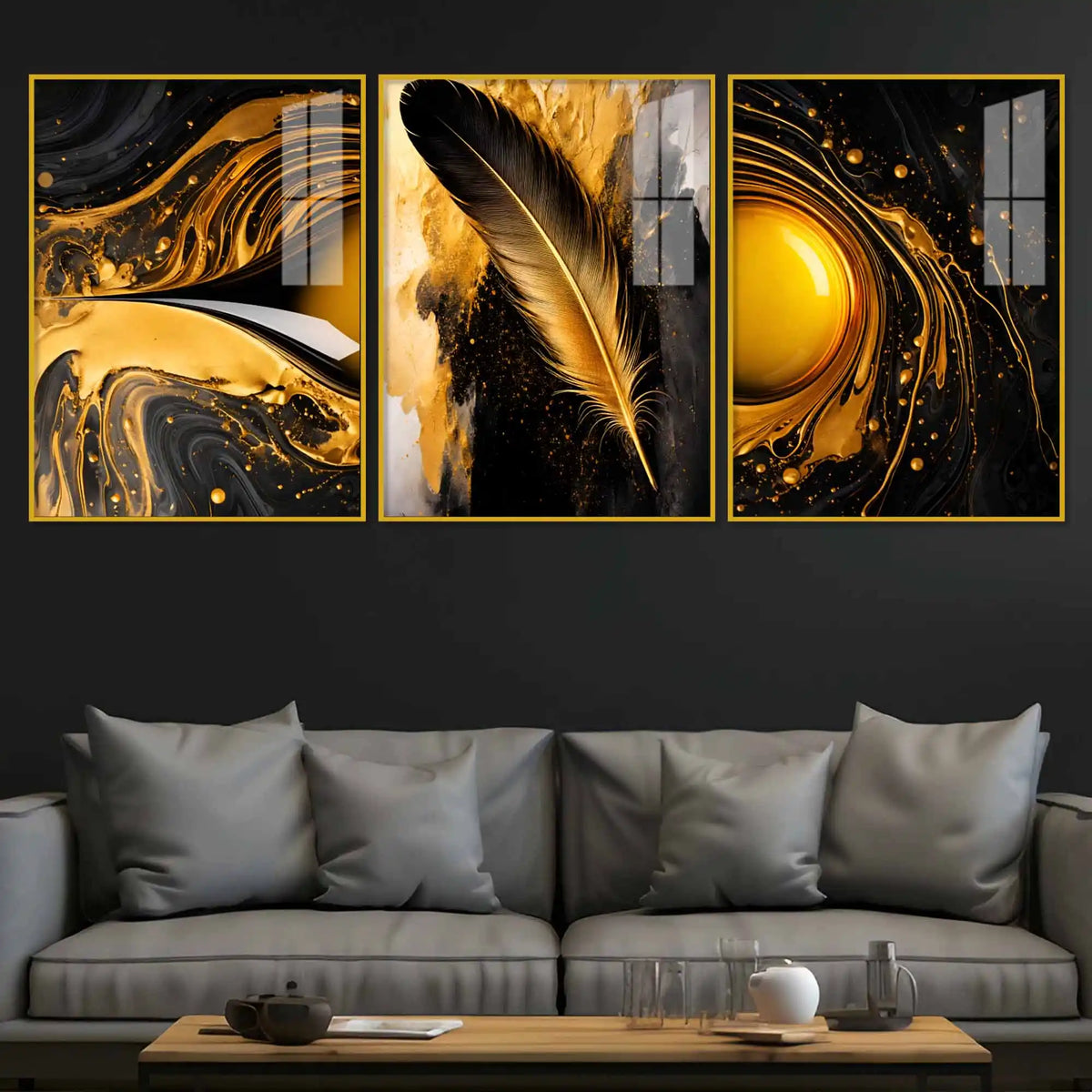 Luxury Feather Gold Abstract Wall Art Acrylic Floating Wall Painting Set of 3