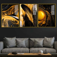 Luxury Feather Gold Abstract Wall Art Acrylic Floating Wall Painting Set of 3