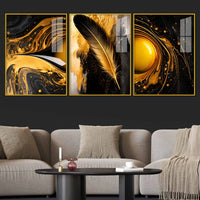 Luxury Feather Gold Abstract Wall Art Acrylic Floating Wall Painting Set of 3