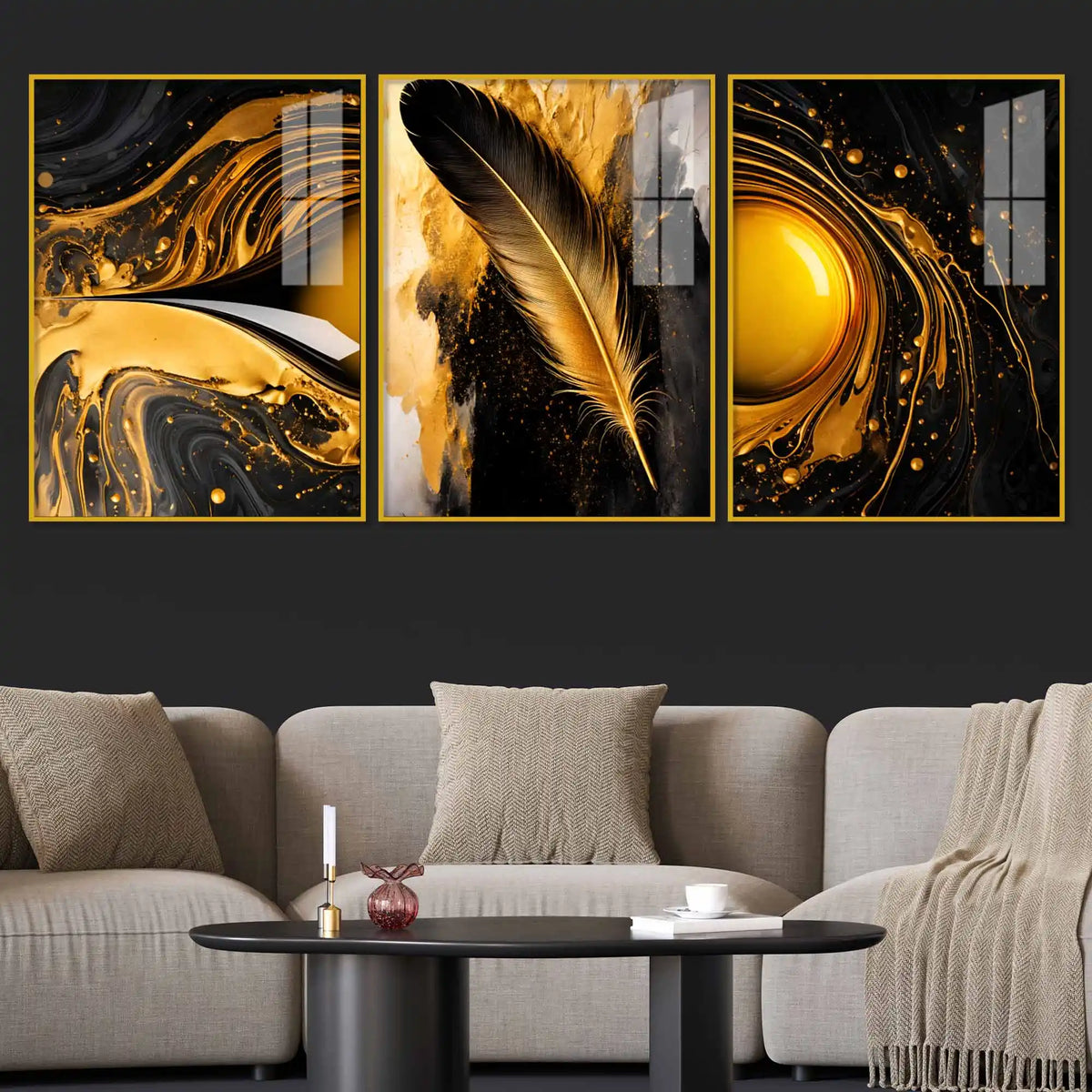 Luxury Feather Gold Abstract Wall Art Acrylic Floating Wall Painting Set of 3
