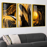 Luxury Feather Gold Abstract Wall Art Acrylic Floating Wall Painting Set of 3