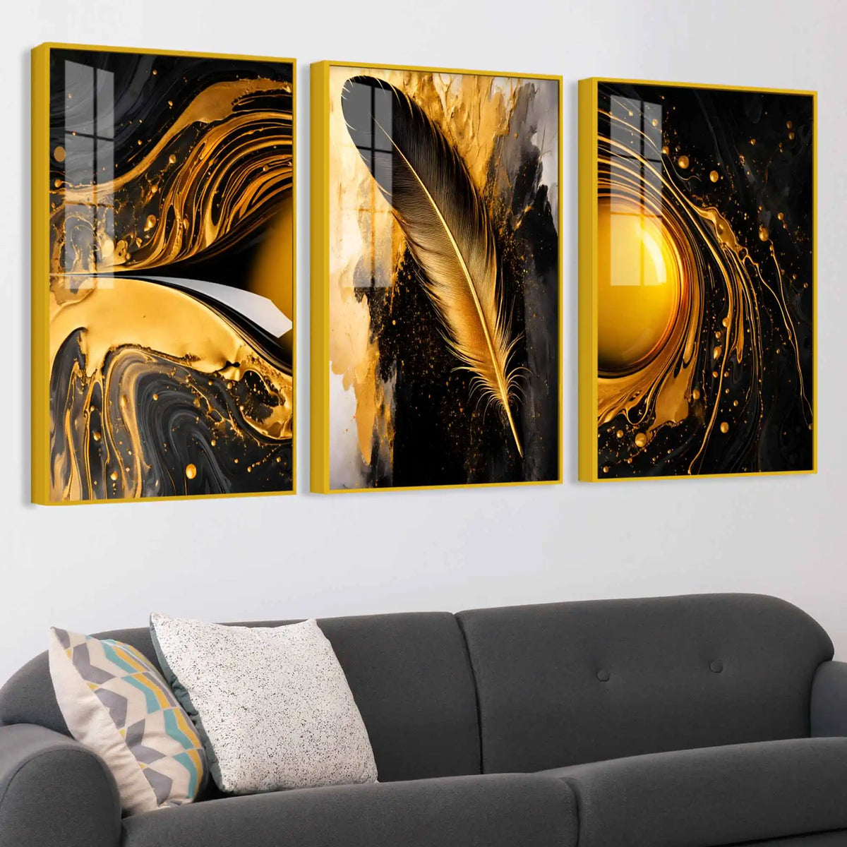 Luxury Feather Gold Abstract Wall Art Acrylic Floating Wall Painting Set of 3