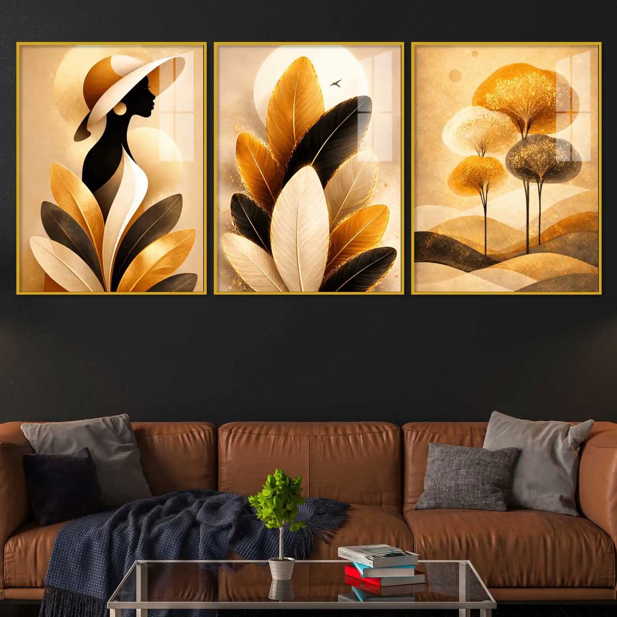 Luxury Feminine Botanical Floating Acrylic Wall Painting Set of 3