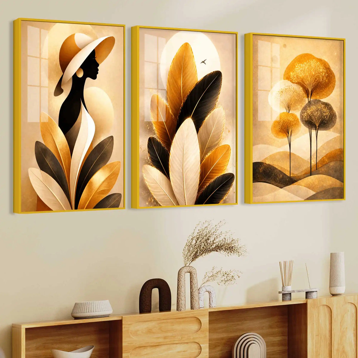 Luxury Feminine Botanical Floating Acrylic Wall Painting Set of 3