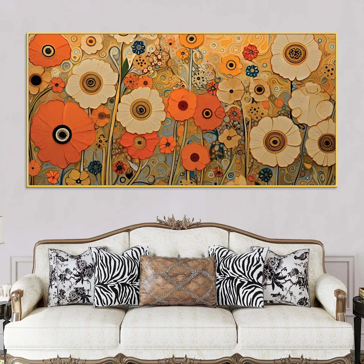 Luxury Floral Garden Warm Orange Meadow Botanical Canvas Wall Painting
