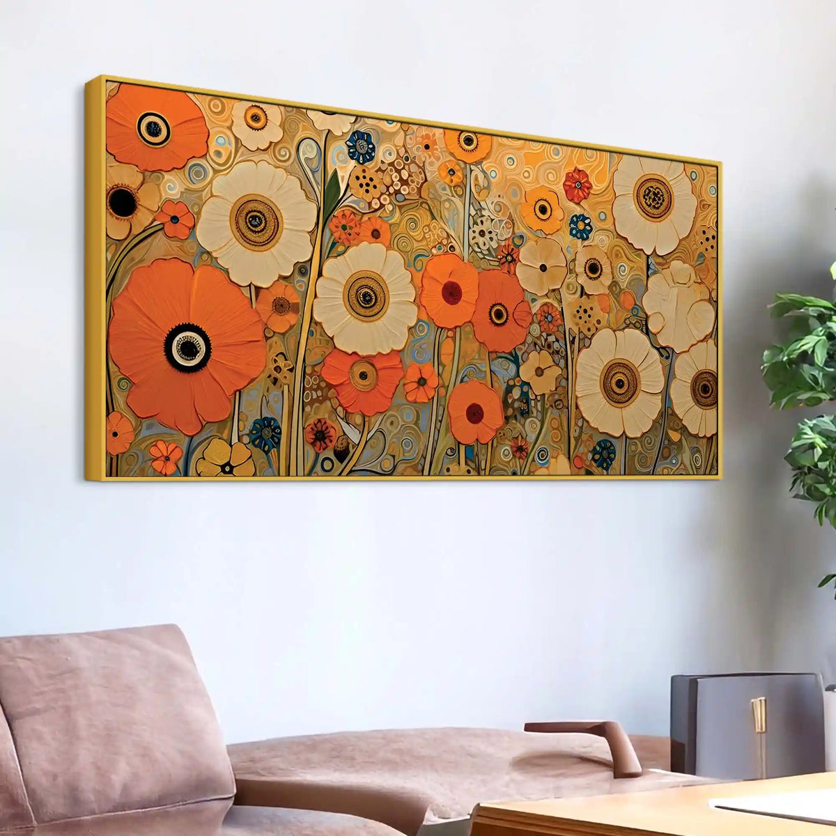Luxury Floral Garden Warm Orange Meadow Botanical Canvas Wall Painting