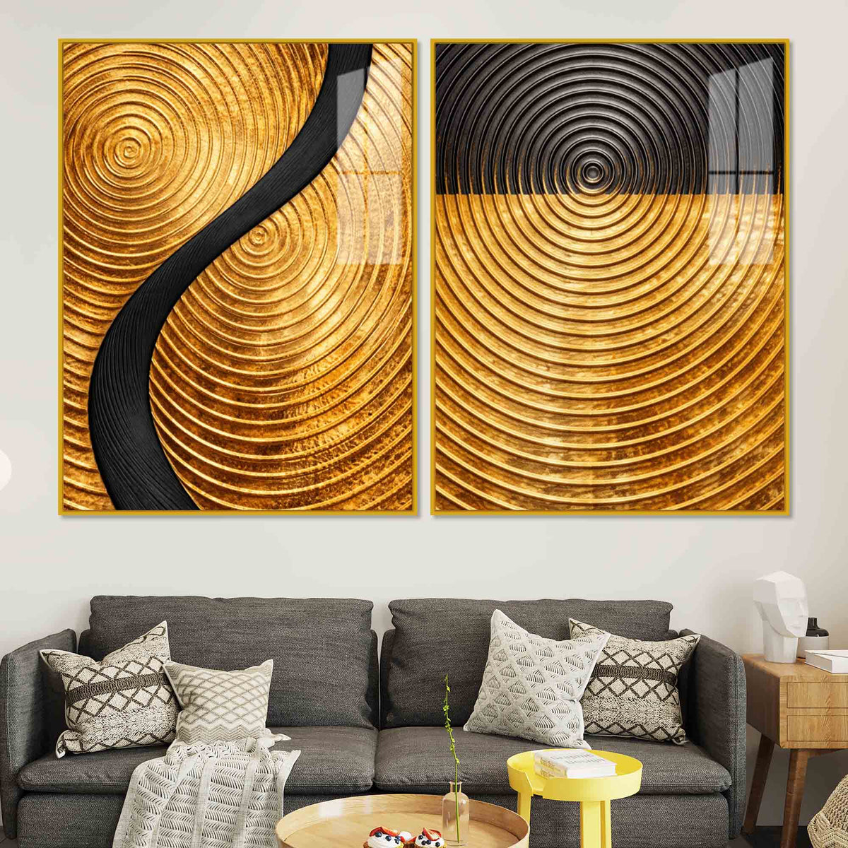 Luxury Gold and Black Concentric Circle Acrylic Floating Wall Painting Set of 2