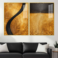Luxury Gold and Black Concentric Circle Acrylic Floating Wall Painting Set of 2
