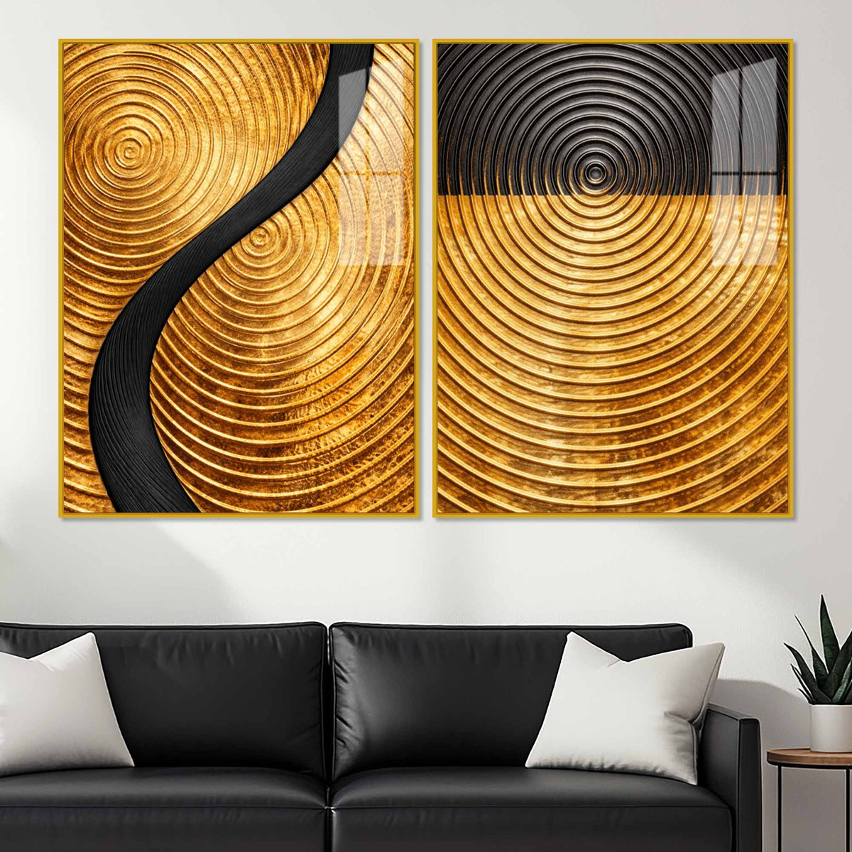 Luxury Gold and Black Concentric Circle Acrylic Floating Wall Painting Set of 2