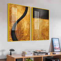 Luxury Gold and Black Concentric Circle Acrylic Floating Wall Painting Set of 2