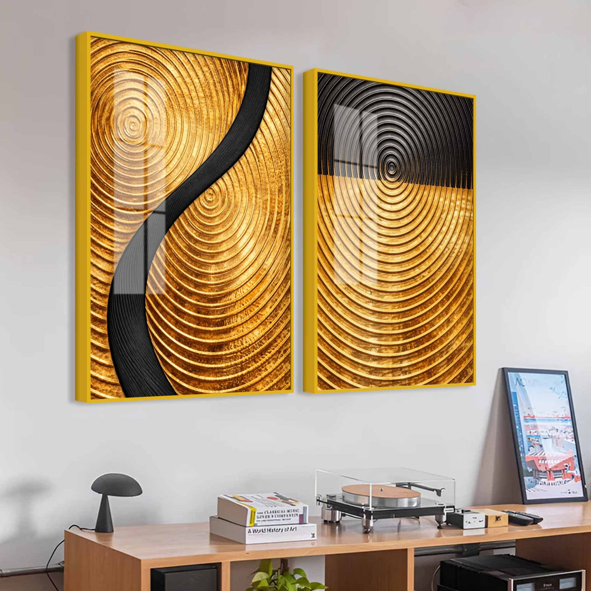 Luxury Gold and Black Concentric Circle Acrylic Floating Wall Painting Set of 2