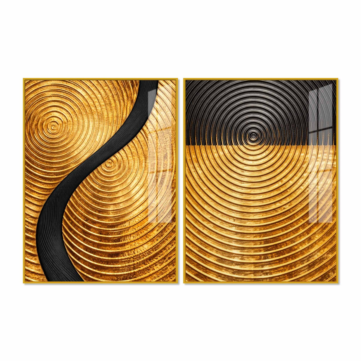Luxury Gold and Black Concentric Circle Acrylic Floating Wall Painting Set of 2