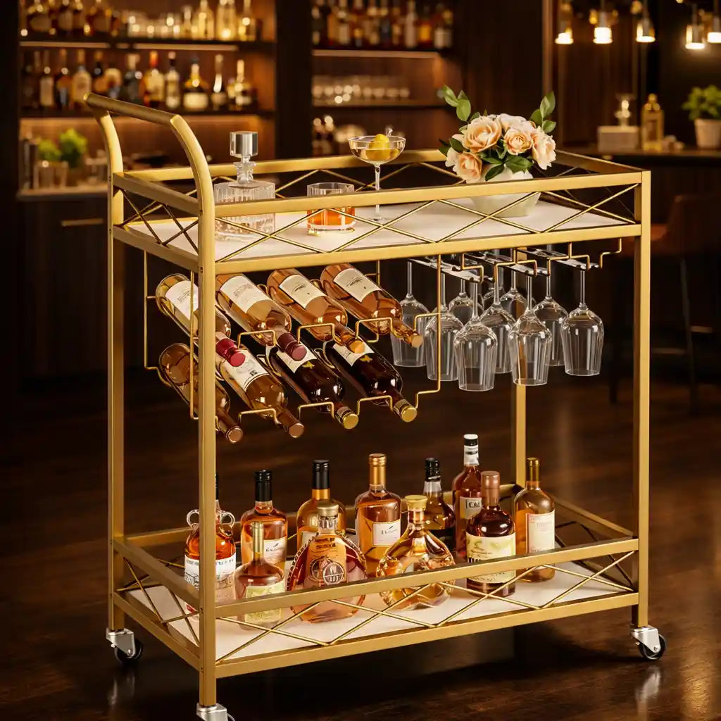 Luxury Gold Bar Cart with Built-In Bottle & Glass Storage Trolley