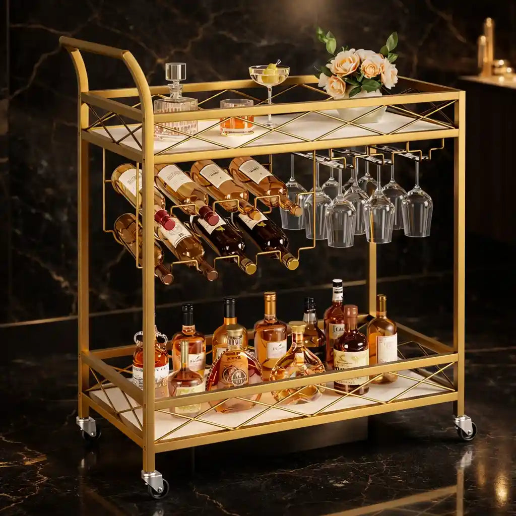 Luxury Gold Bar Cart with Built-In Bottle & Glass Storage Trolley