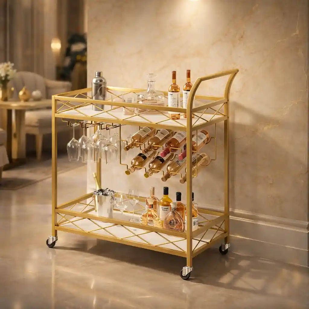 Luxury Gold Bar Cart with Built-In Bottle & Glass Storage Trolley