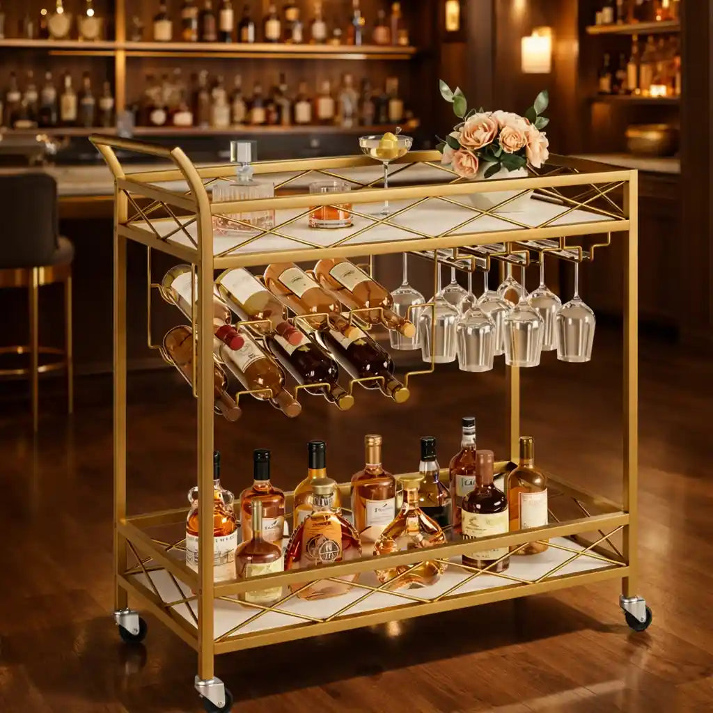 Luxury Gold Bar Cart with Built-In Bottle & Glass Storage Trolley