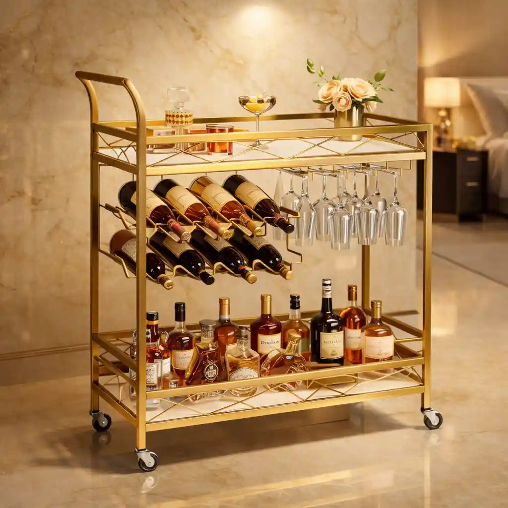 Luxury Gold Bar Cart with Built-In Bottle & Glass Storage Trolley