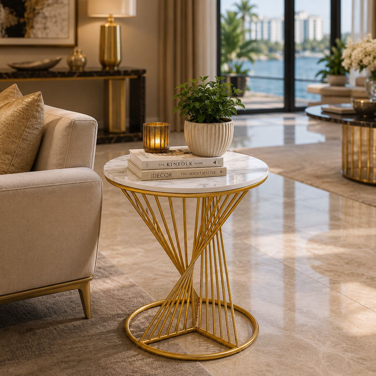 Luxury Gold Marble Accent Side Table for Living Room