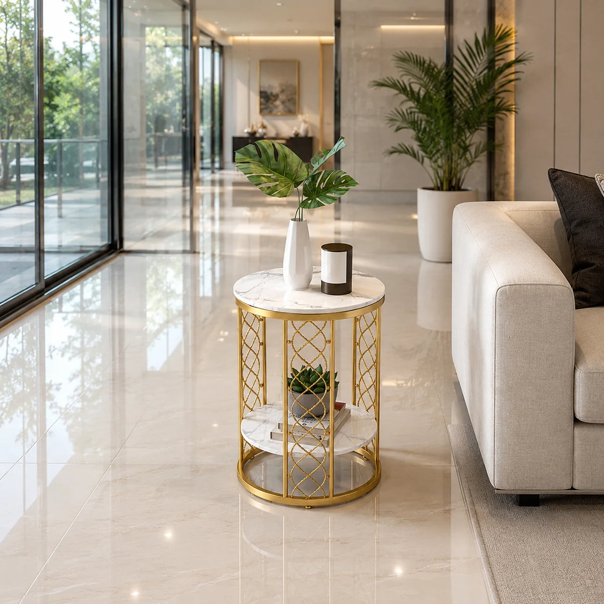 Luxury Gold Marble End Table with Storage Shelf