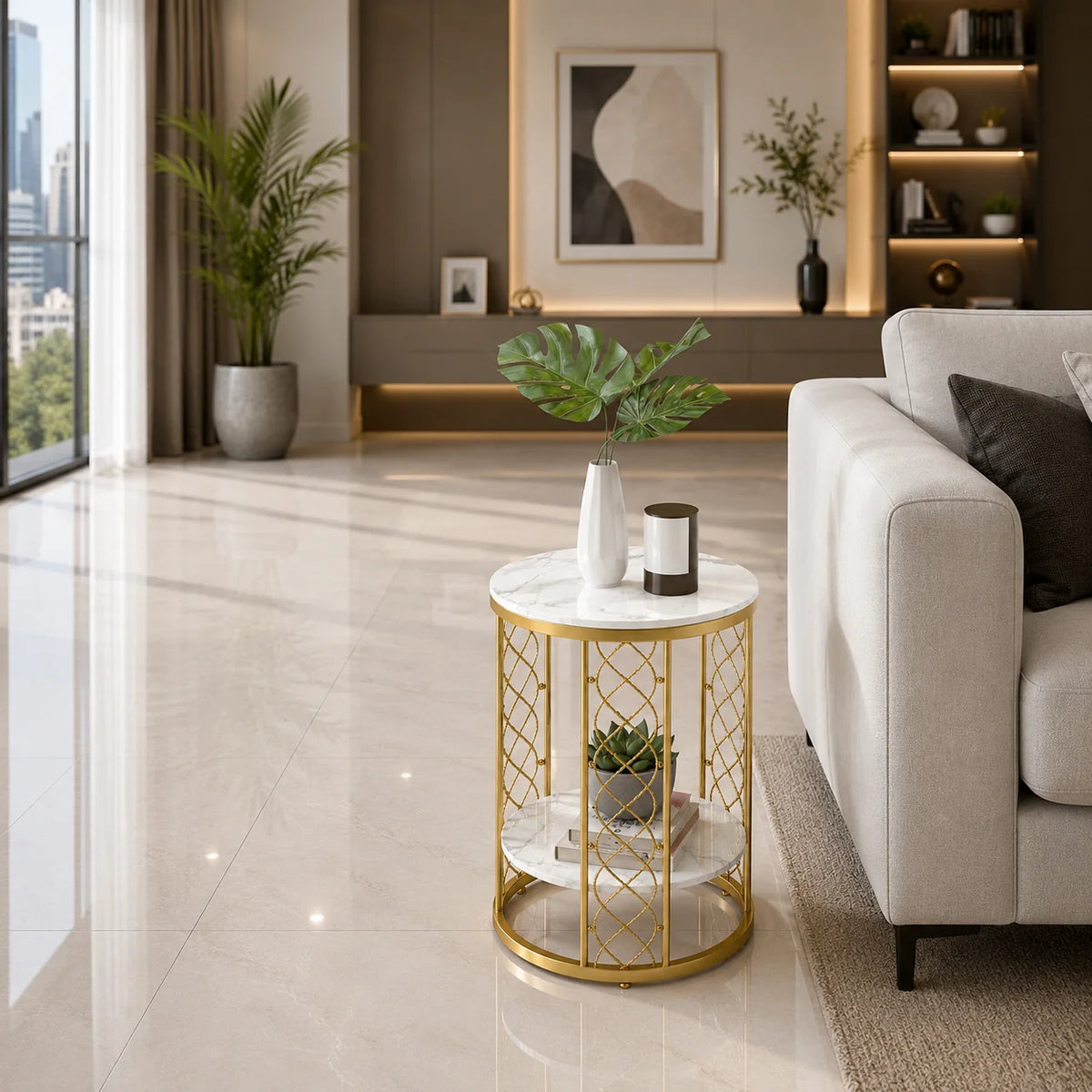 Luxury Gold Marble End Table with Storage Shelf
