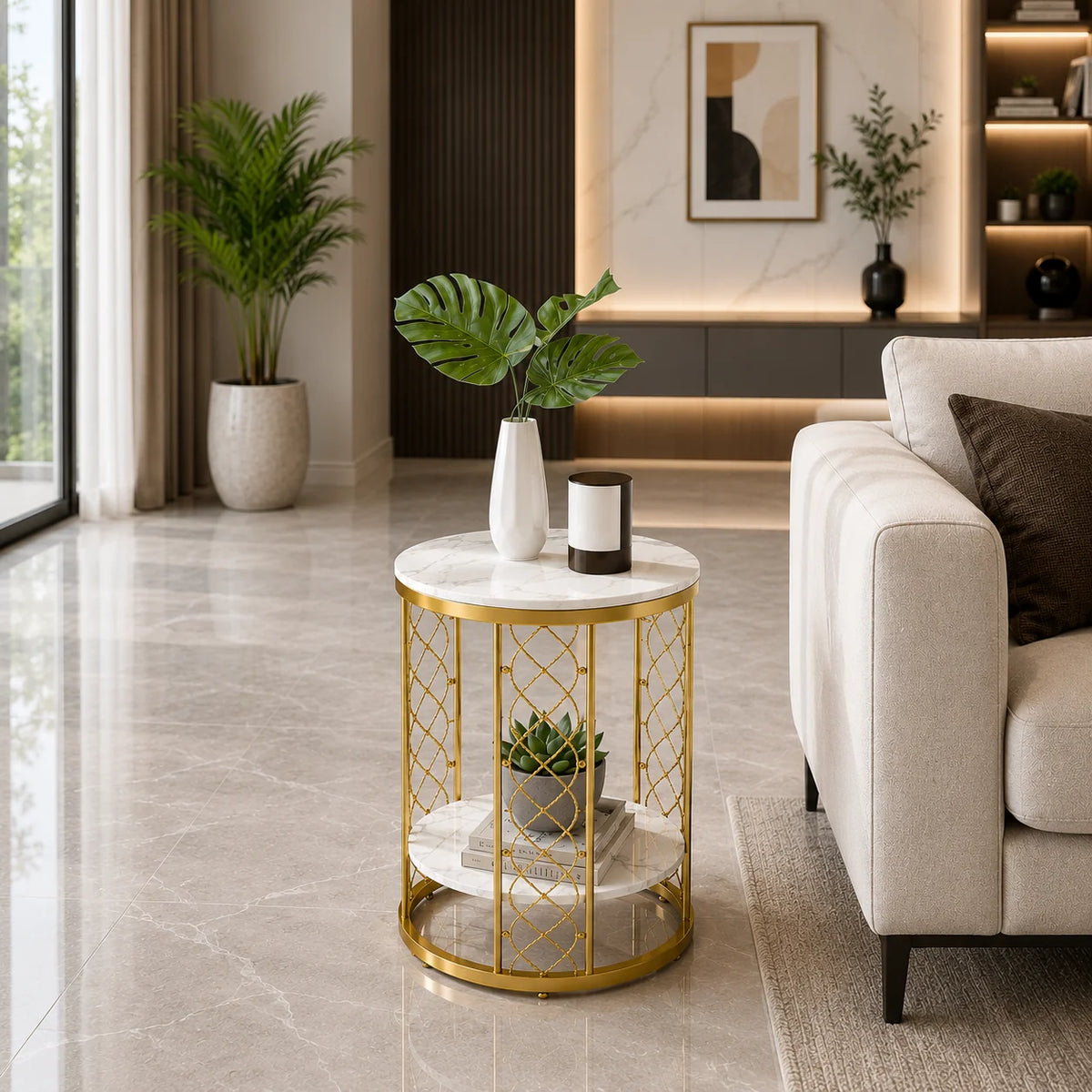 Luxury Gold Marble End Table with Storage Shelf