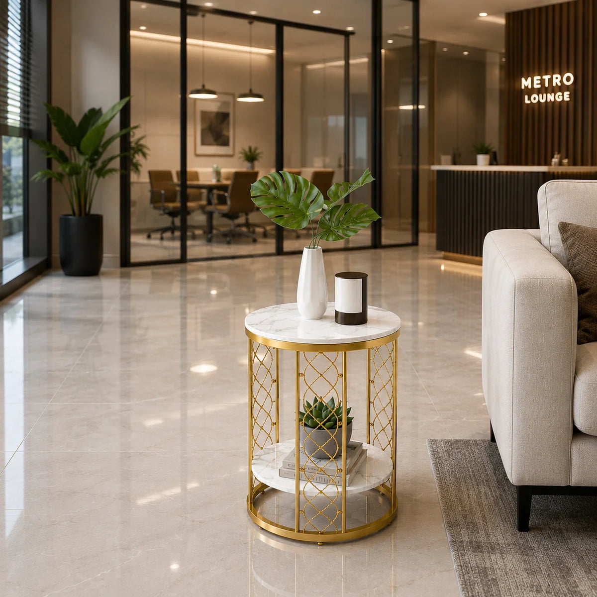 Luxury Gold Marble End Table with Storage Shelf