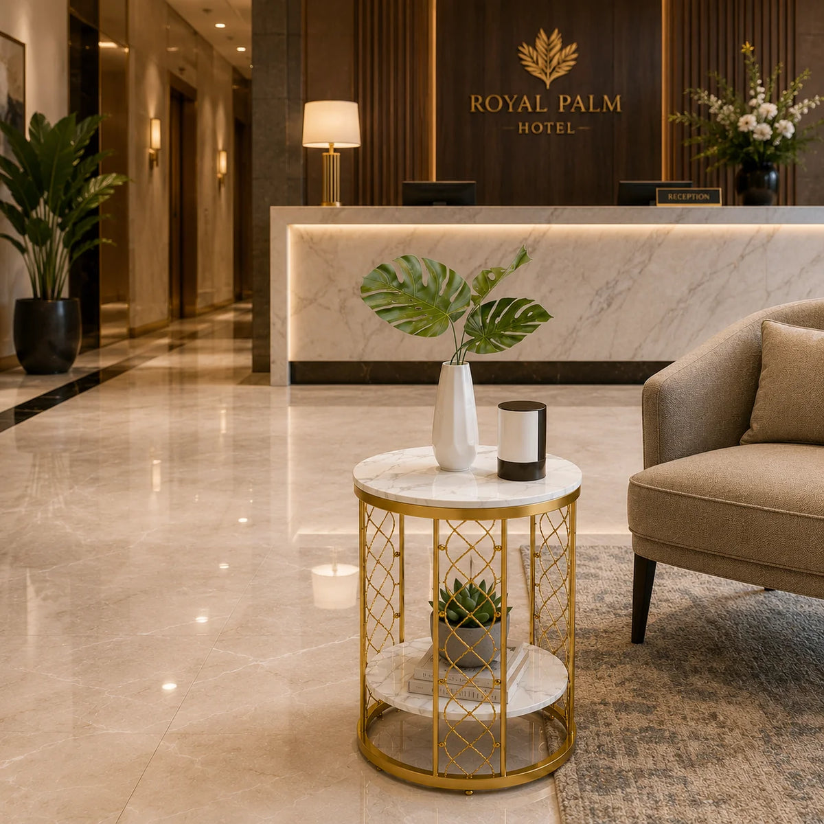 Luxury Gold Marble End Table with Storage Shelf