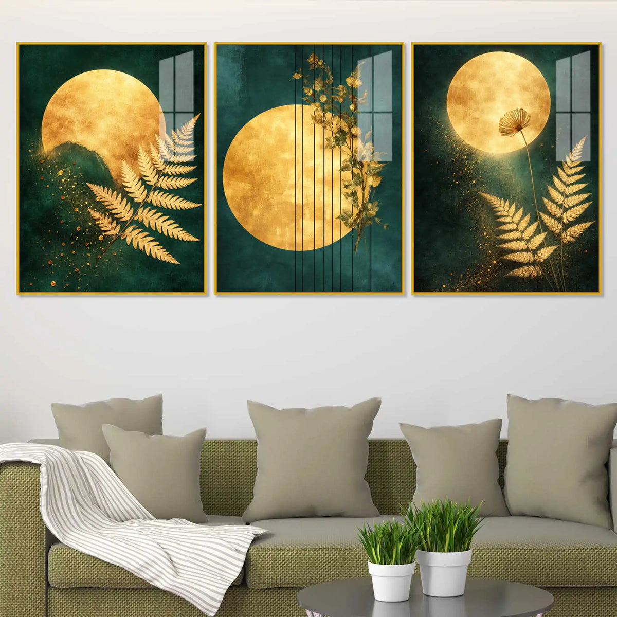 Luxury Gold Moon Acrylic Floating Frame Wall Painting Set of 3