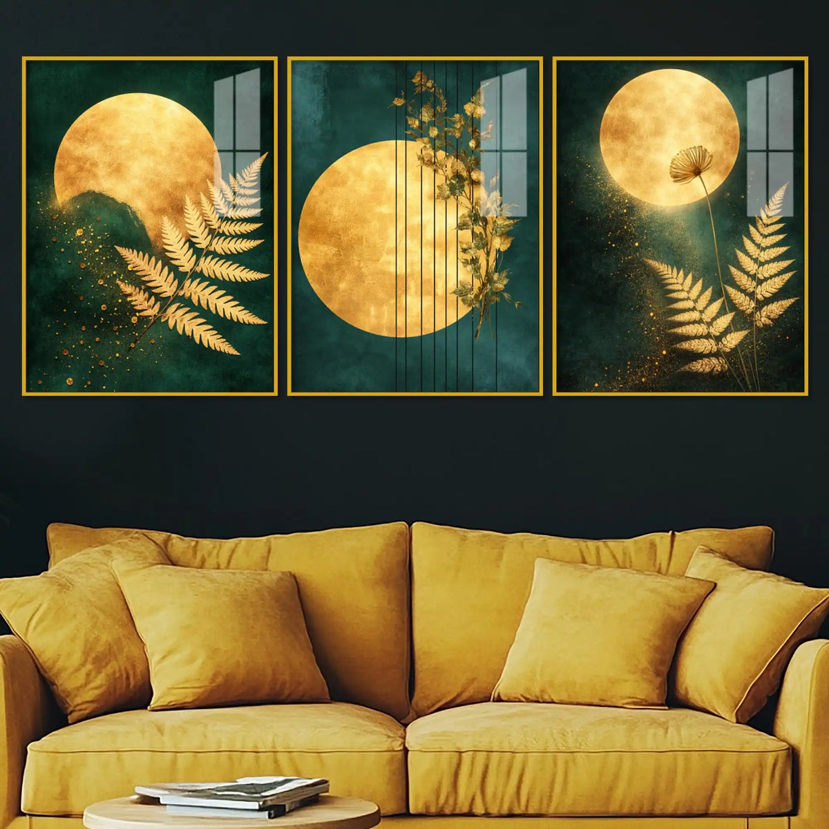 Luxury Gold Moon Acrylic Floating Frame Wall Painting Set of 3