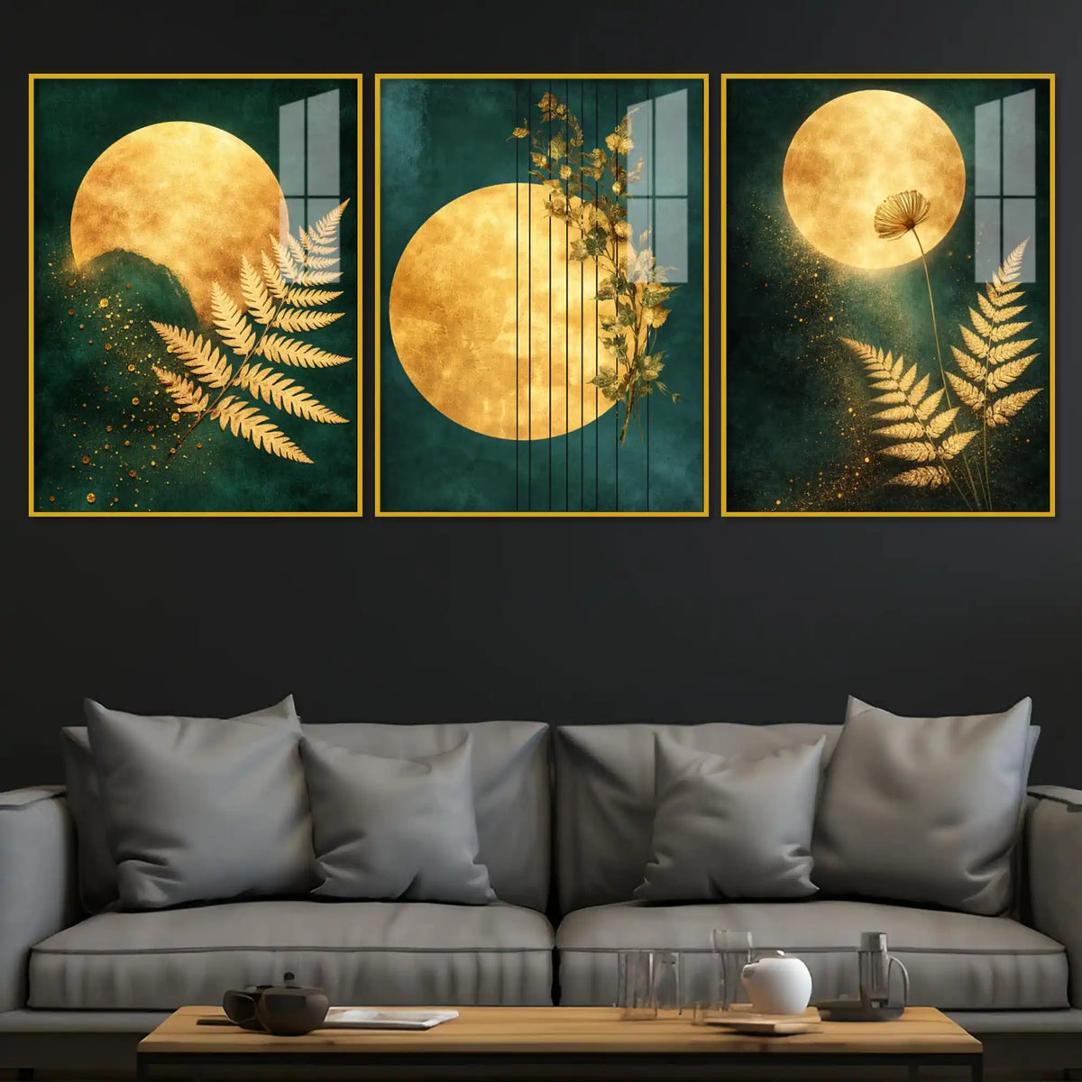 Luxury Gold Moon Acrylic Floating Frame Wall Painting Set of 3