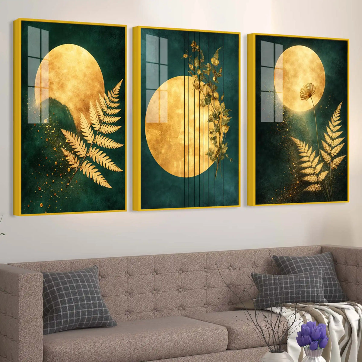 Luxury Gold Moon Acrylic Floating Frame Wall Painting Set of 3