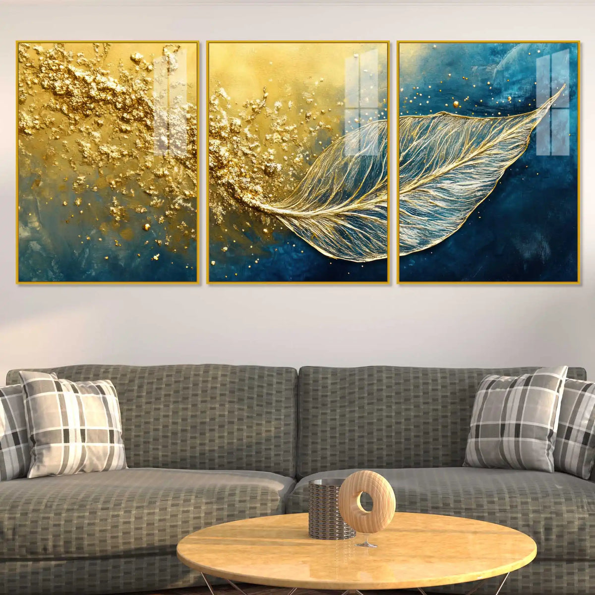 Luxury Gold Texture Leaf Acrylic Floating Frame Wall Painting Set of 3