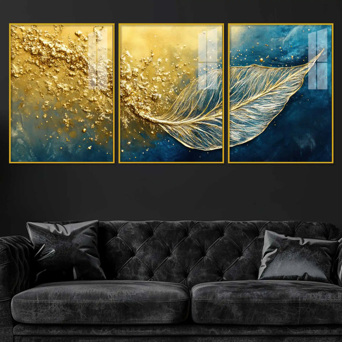 Luxury Gold Texture Leaf Acrylic Floating Frame Wall Painting Set of 3