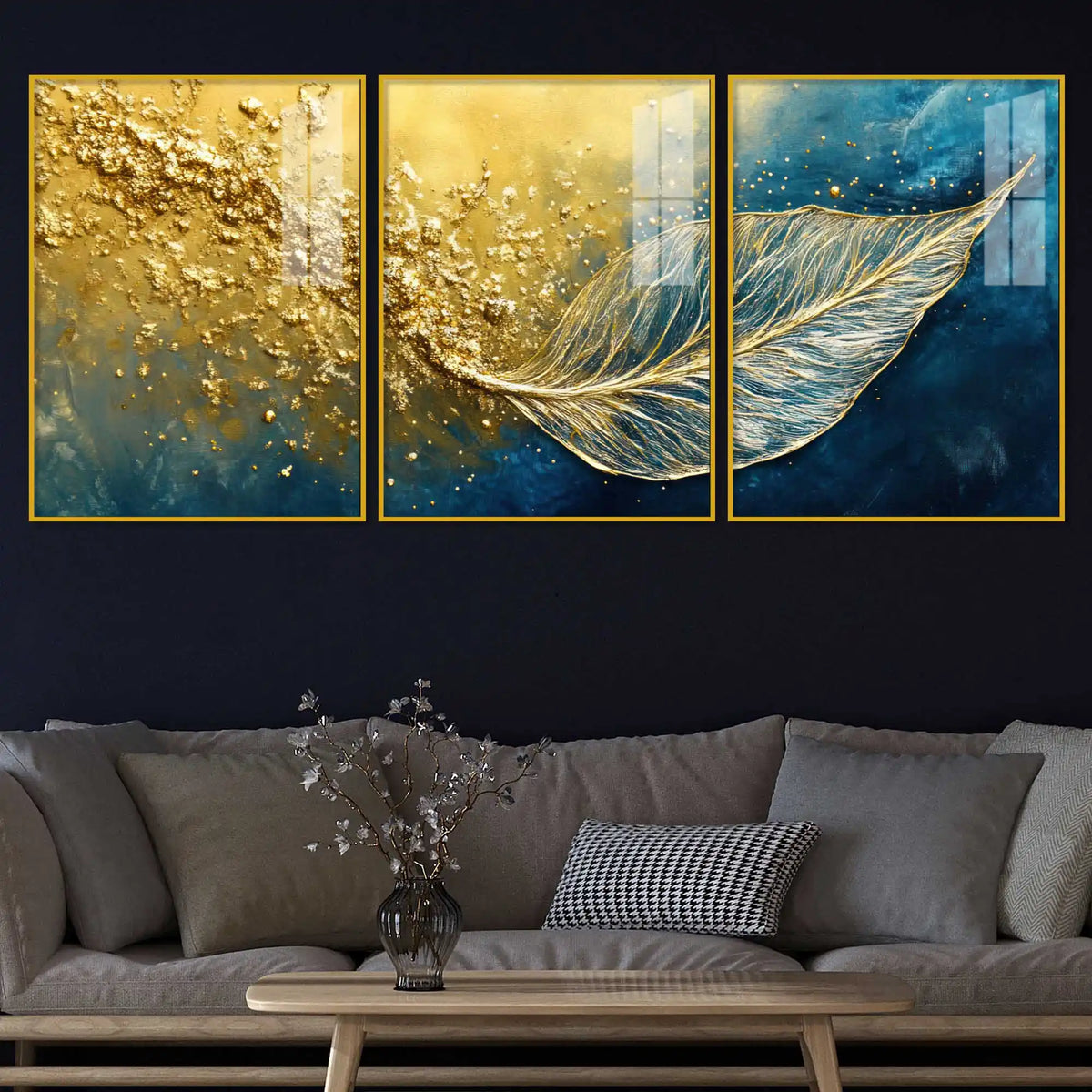 Luxury Gold Texture Leaf Acrylic Floating Frame Wall Painting Set of 3