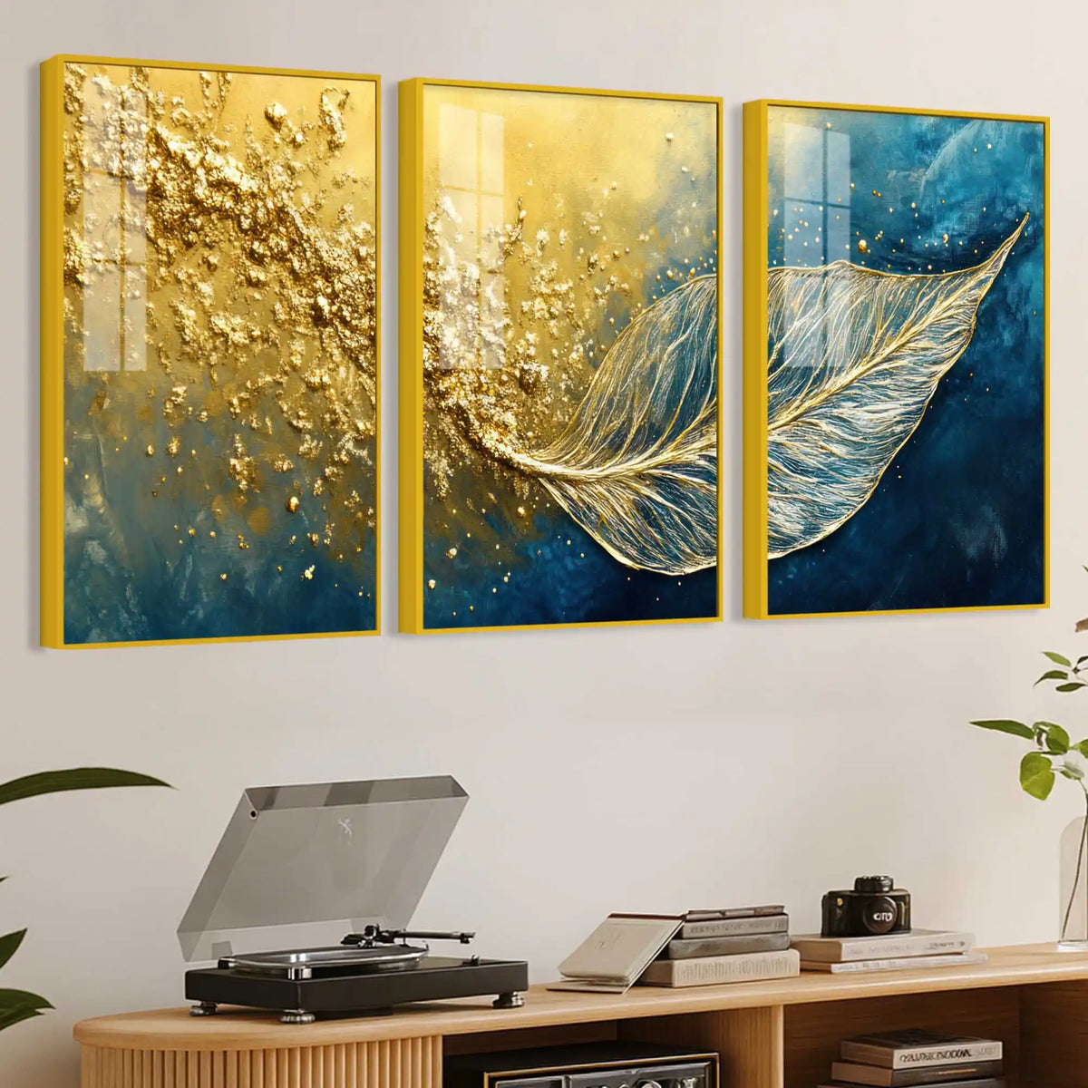 Luxury Gold Texture Leaf Acrylic Floating Frame Wall Painting Set of 3