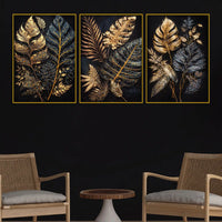 Luxury Golden Botanical Leaves Floating Frame Crystal Wall Painting Set of 3