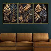 Luxury Golden Botanical Leaves Floating Frame Crystal Wall Painting Set of 3