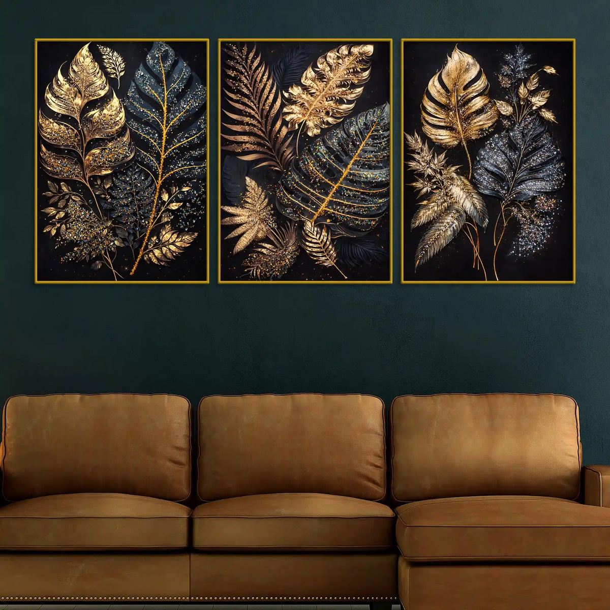 Luxury Golden Botanical Leaves Floating Frame Crystal Wall Painting Set of 3