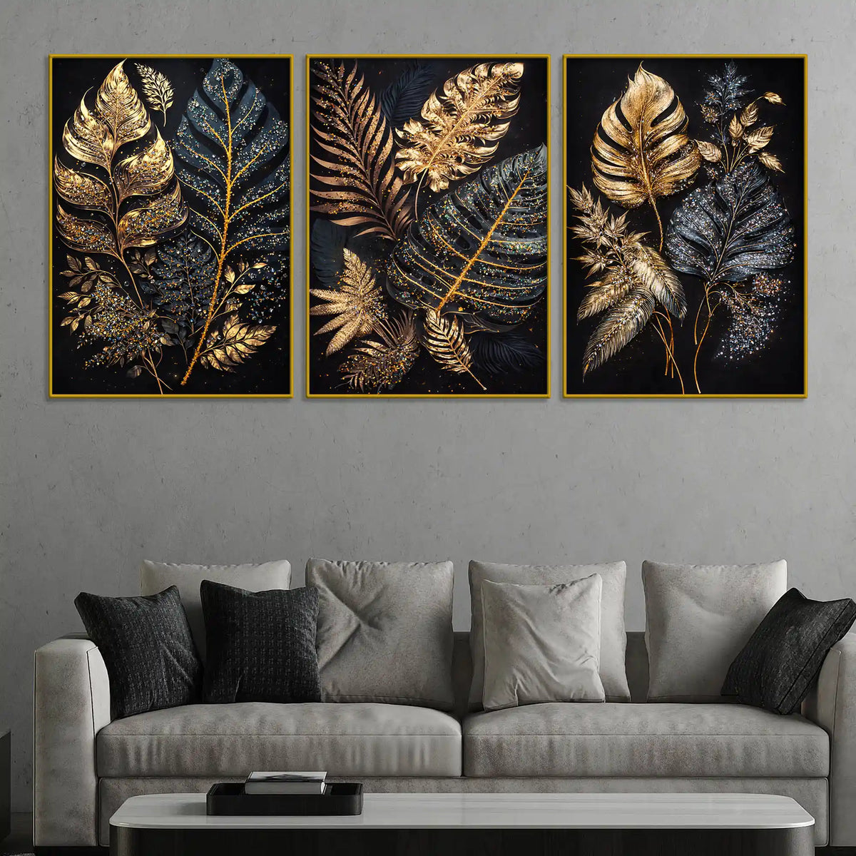 Luxury Golden Botanical Leaves Floating Frame Crystal Wall Painting Set of 3