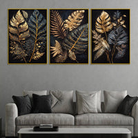 Luxury Golden Botanical Leaves Floating Frame Crystal Wall Painting Set of 3