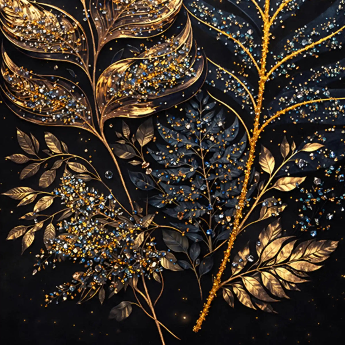 Luxury Golden Botanical Leaves Floating Frame Crystal Wall Painting Set of 3