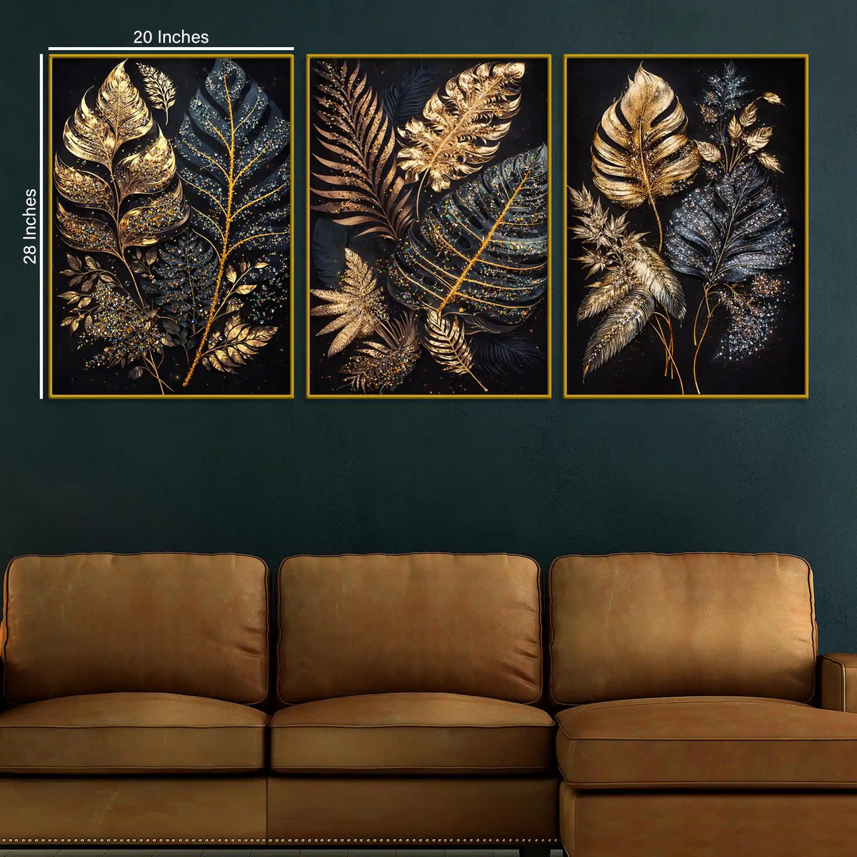 Luxury Golden Botanical Leaves Floating Frame Crystal Wall Painting Set of 3